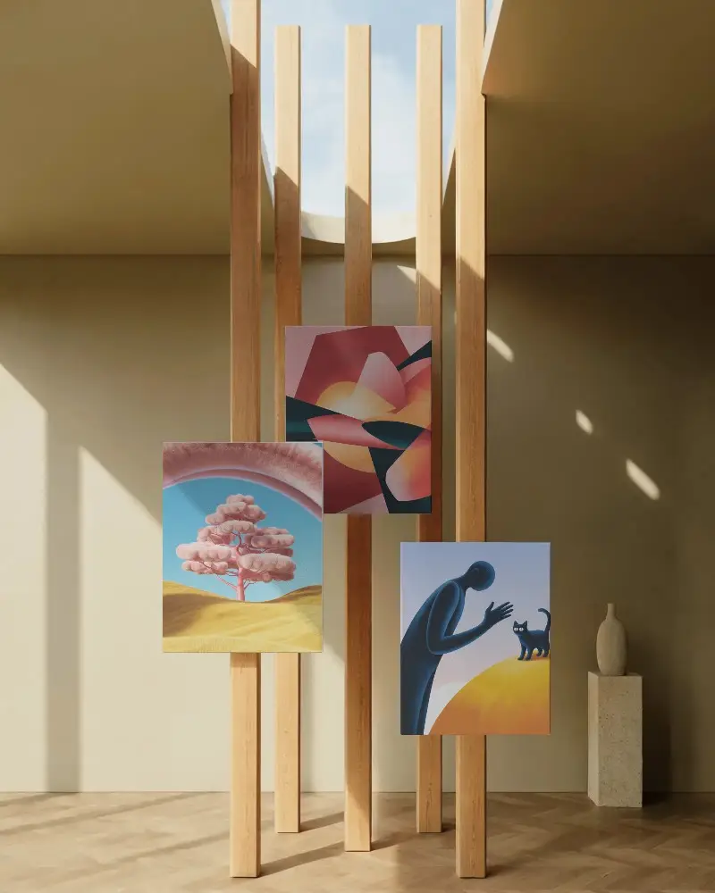 Modern Minimalist Canvas Mockup Displayed On Wooden Stands In Light Filled Interior