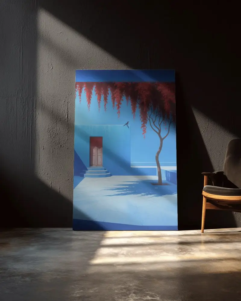 Modern Minimalist Canvas Mockup With Light Shadow Play On Textured Wall With Wooden Chair