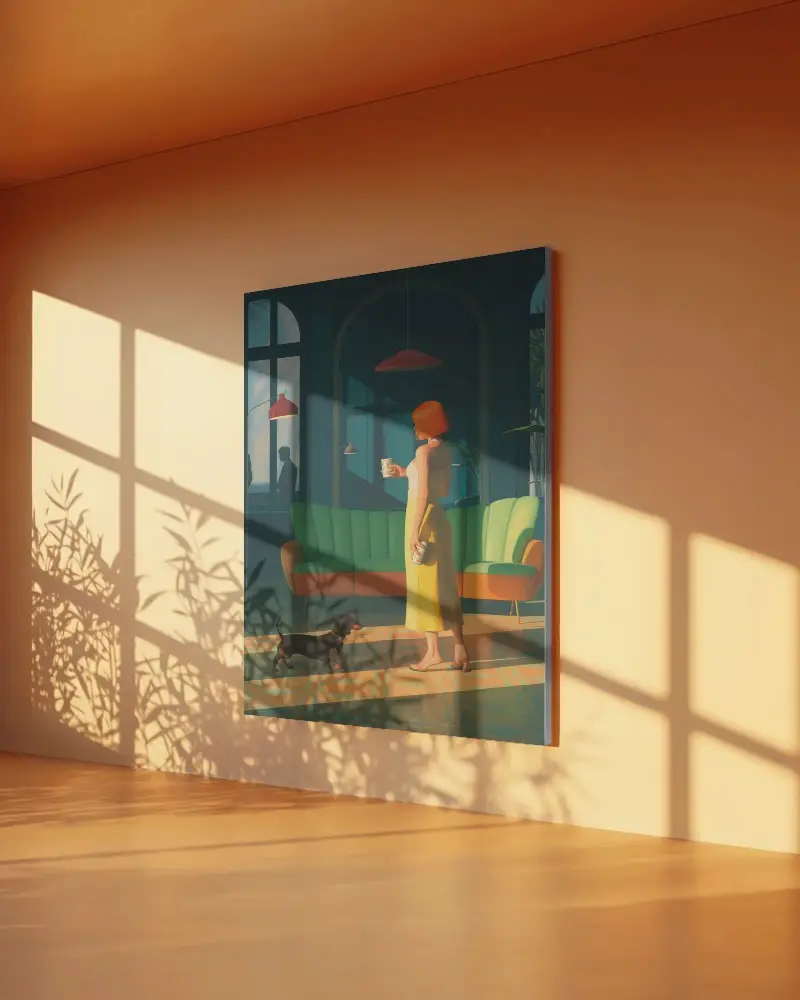 Large Canvas Mockup On Wall With Natural Light And Plant Shadows For Art Display