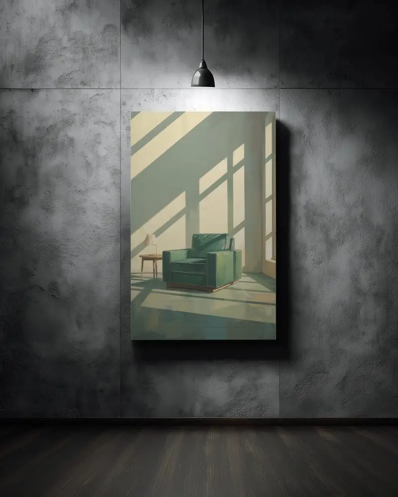 Empty Canvas Mockup For Vertical Art Display In Minimalist Room With Spotlight Beam Overhead