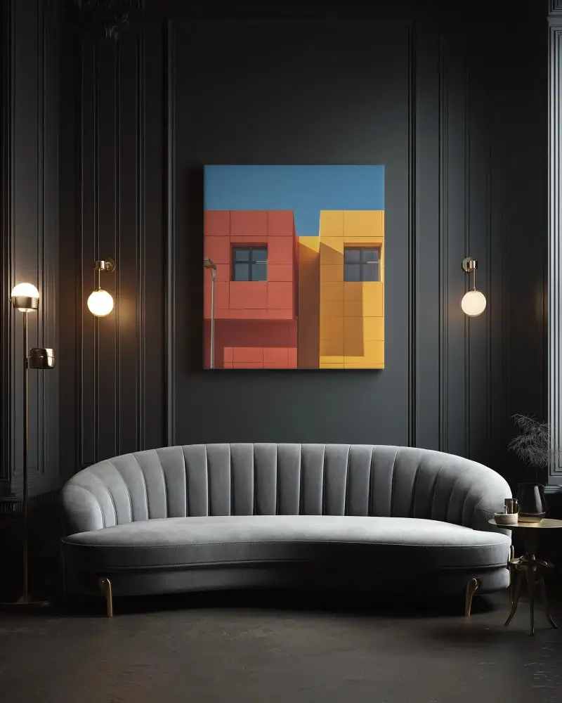 Modern Minimalist Interior With Large Canvas Mockup On Dark Textured Wall Design