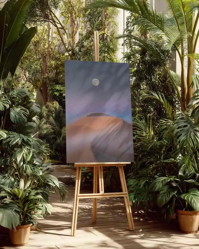 Canvas Mockup On Wooden Easel In Lush Green Indoor Garden With Natural Light Shadows