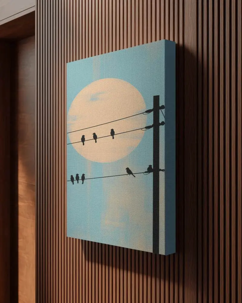 Vertical Canvas Mockup Hanging On Sleek Ridged Wood Wall For Artistic Display Projects