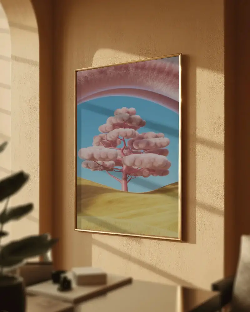 Sunlit Arch Wall Canvas Mockup With Golden Frame And Soft Window Shadow Minimal Living Room Ambience