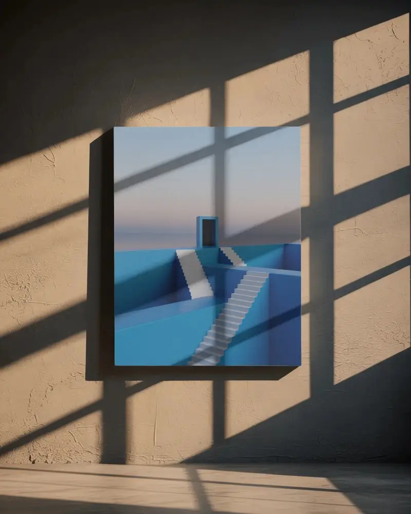 Golden Hour Window Shadow Canvas Mockup On Textured Wall With Dramatic Grid Light