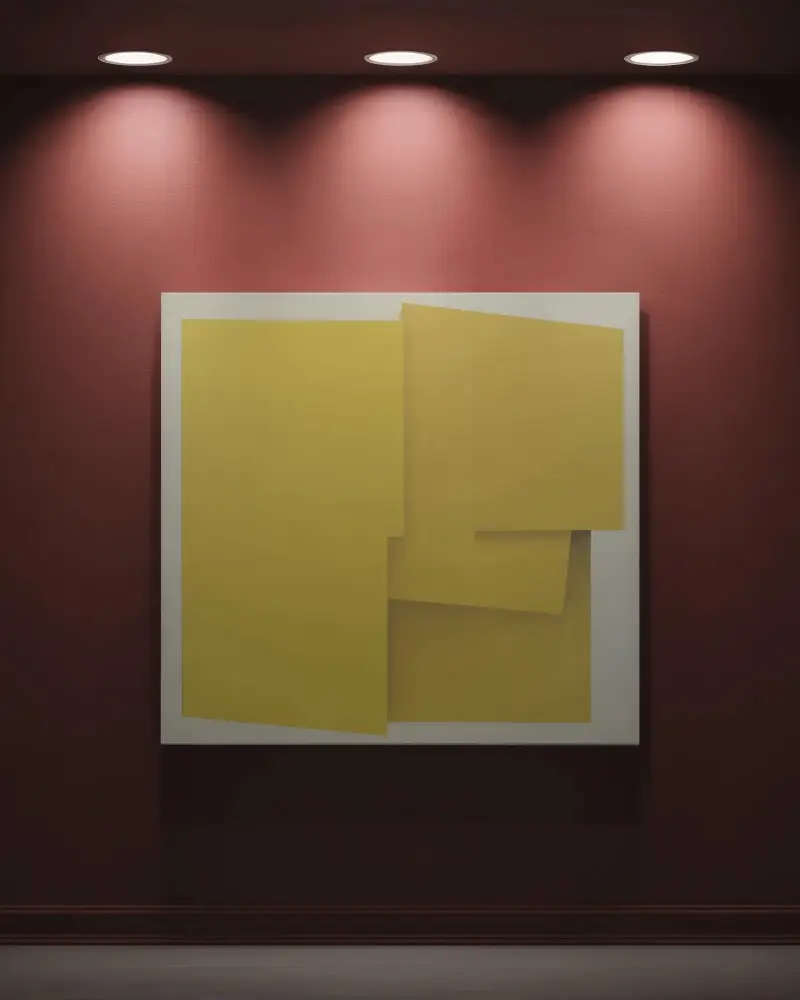 Museum Spotlight Wall Canvas Mockup With Triple Ceiling Lights And Rich Burgundy Backdrop