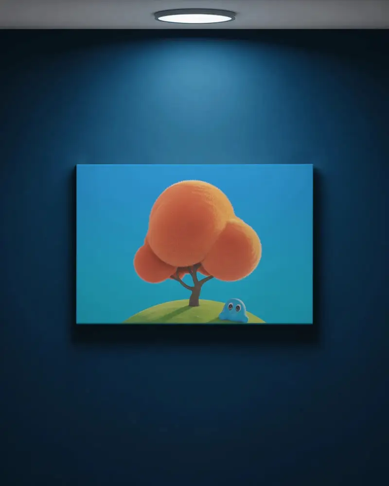 Modern Blue Gallery Canvas Mockup With Circular Ceiling Spotlight Overhead Glow