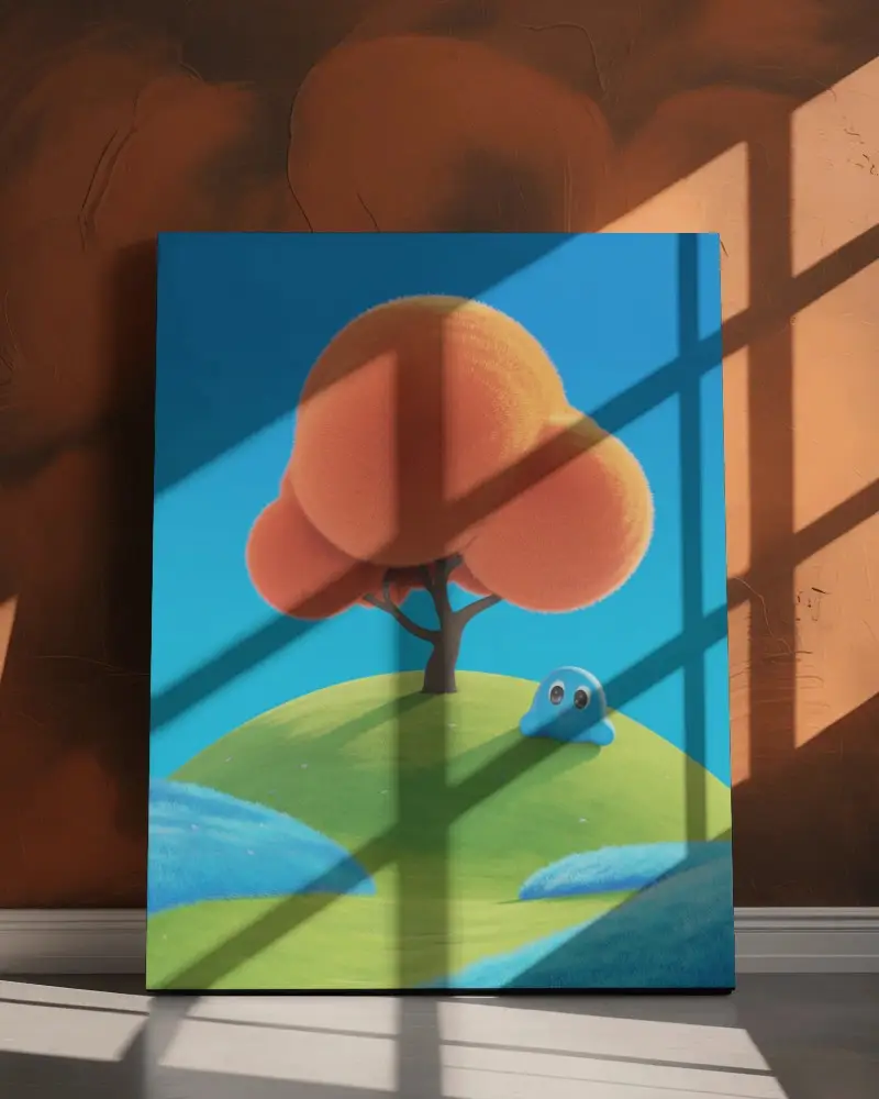 Leaning Floor Canvas Mockup With Dramatic Window Shadow On Rust Textured Wall