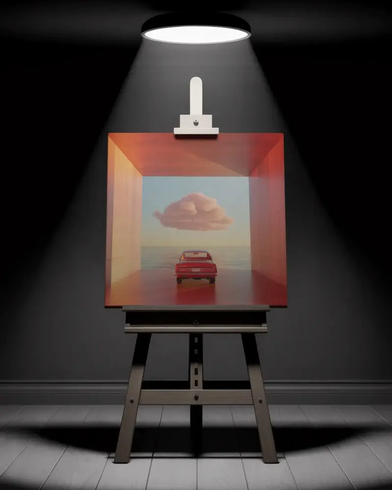 Artist Easel Canvas Mockup Under Focused Spotlight In Dark Studio Dramatic Light