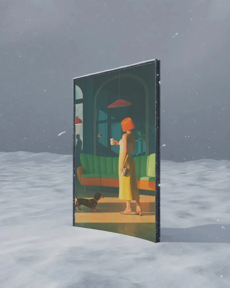 Abstract Curved Canvas Mockup Placed In Snowy Landscape With Overcast Cloudy Sky Background