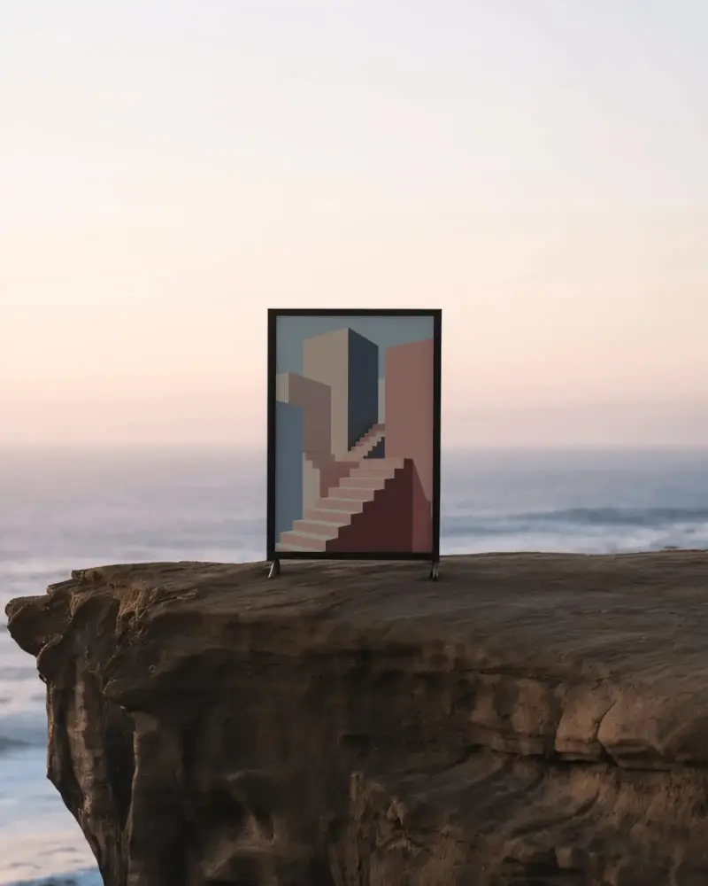 Canvas Mockup On Rocky Cliff With Ocean Background For Art And Design Display