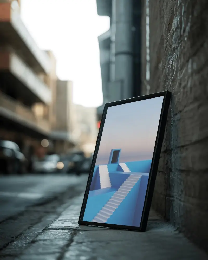 Urban Street Canvas Mockup Leaning Against Brick Wall Photorealistic Display Frame