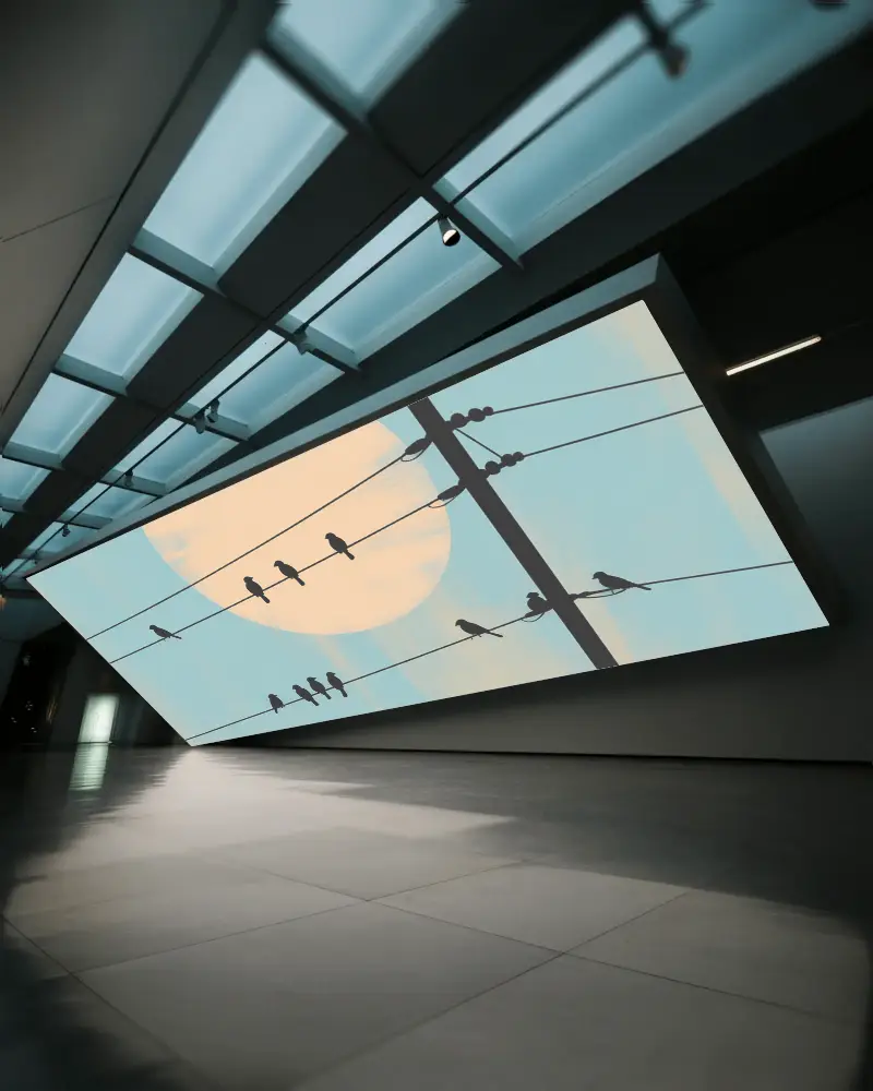 Modern Large Angled Canvas Mockup In Minimalist Gallery Space With Reflective Floor