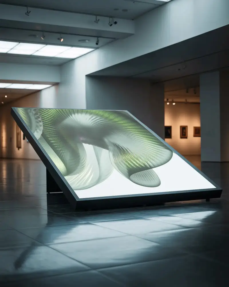 Illuminated Tilted Canvas Mockup For Gallery Exhibit Or Digital Art Presentation Setup