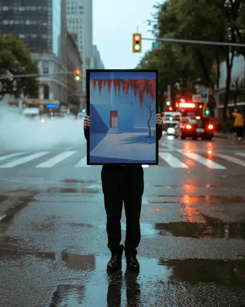 Urban Street Scene With Person Holding Blank Canvas Mockup For Poster Display