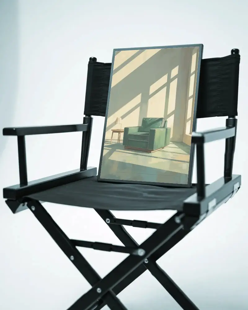 Clean Canvas Mockup On Folding Director Chair Artwork Presentation Template Studio Shot