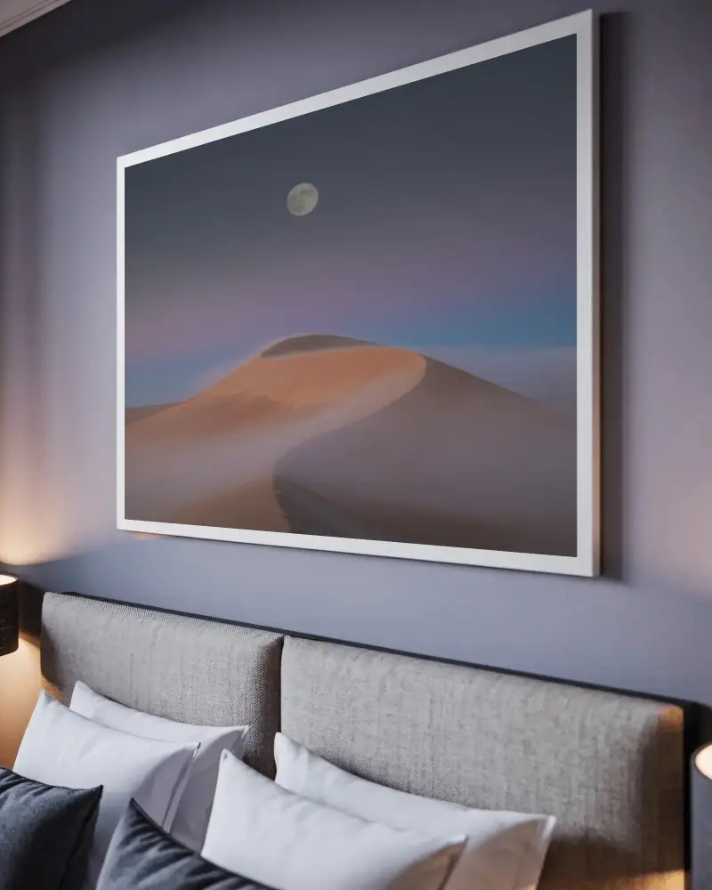Bedroom Wall Canvas Mockup With Headboard And Soft Pillows For Modern Art Design Showcase