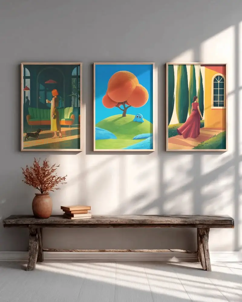 Three Vertical Canvas Mockups Hanging Above Wooden Bench With Vase And Books