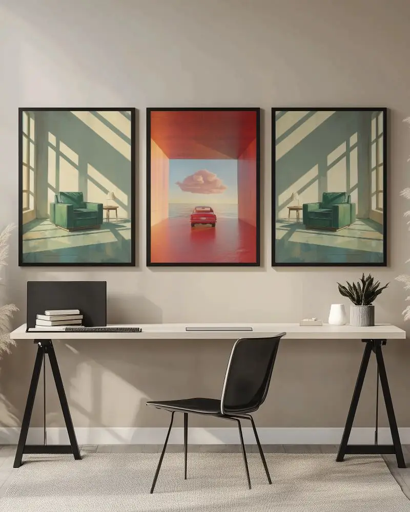 Minimalist Home Office Wall With Three Vertical Canvas Frames And Modern Workspace Setup