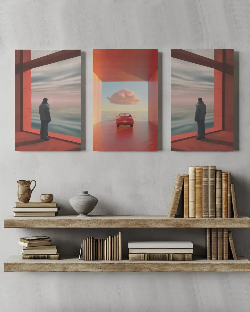 Minimalist Wall Art Canvas Mockup With Floating Wood Shelving And Vintage Book Arrangement