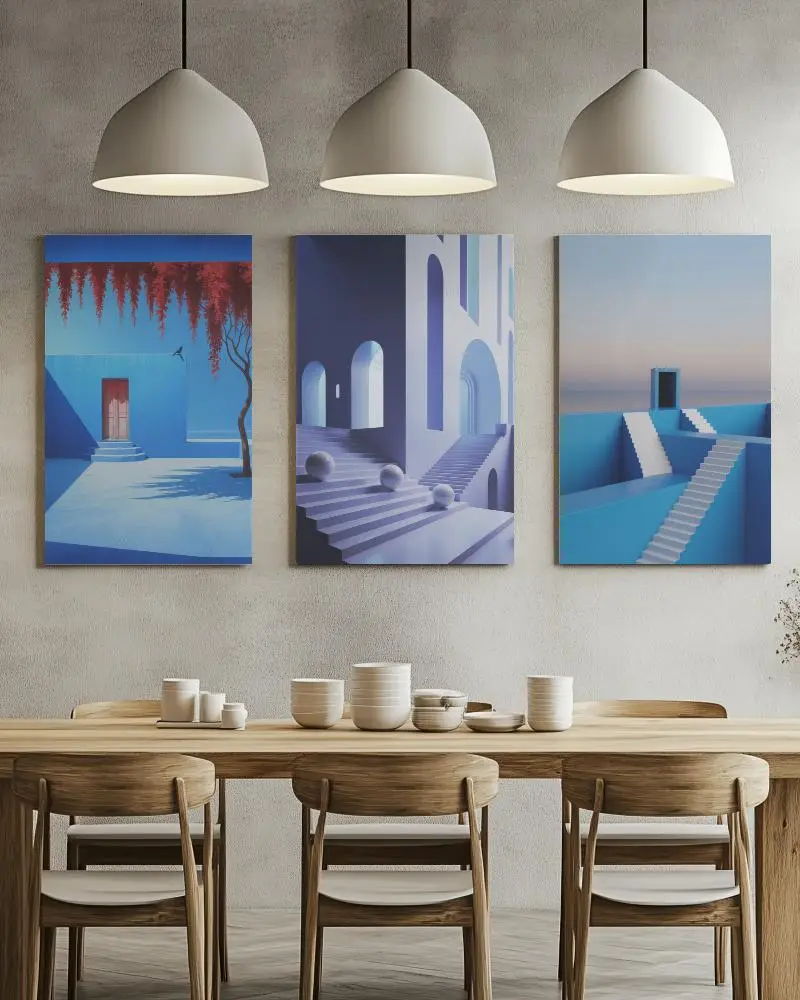 Three Blank Wall Canvas Mockup Hanging Above Wooden Dining Table With Contemporary Chairs