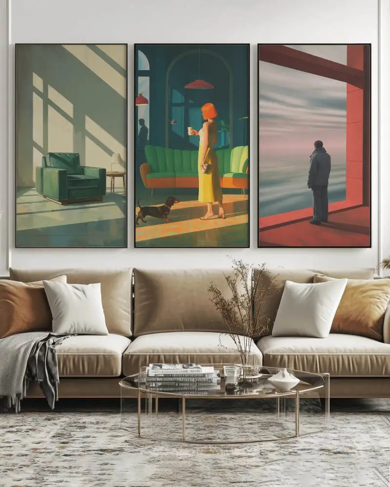 Stylish Sofa Setting With Minimalist Trio Canvas Mockup On Wall Background