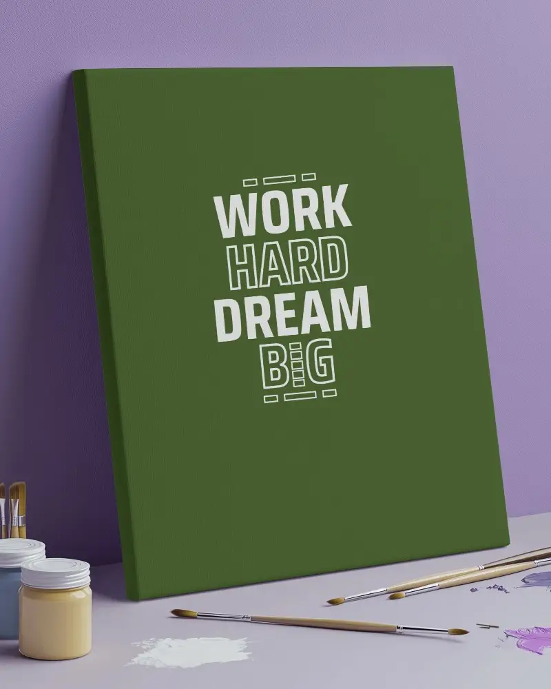 Artistic Canvas Mockup Leaning Against Purple Wall With Paint Brushes And Color Palette Studio Creative Setup 064