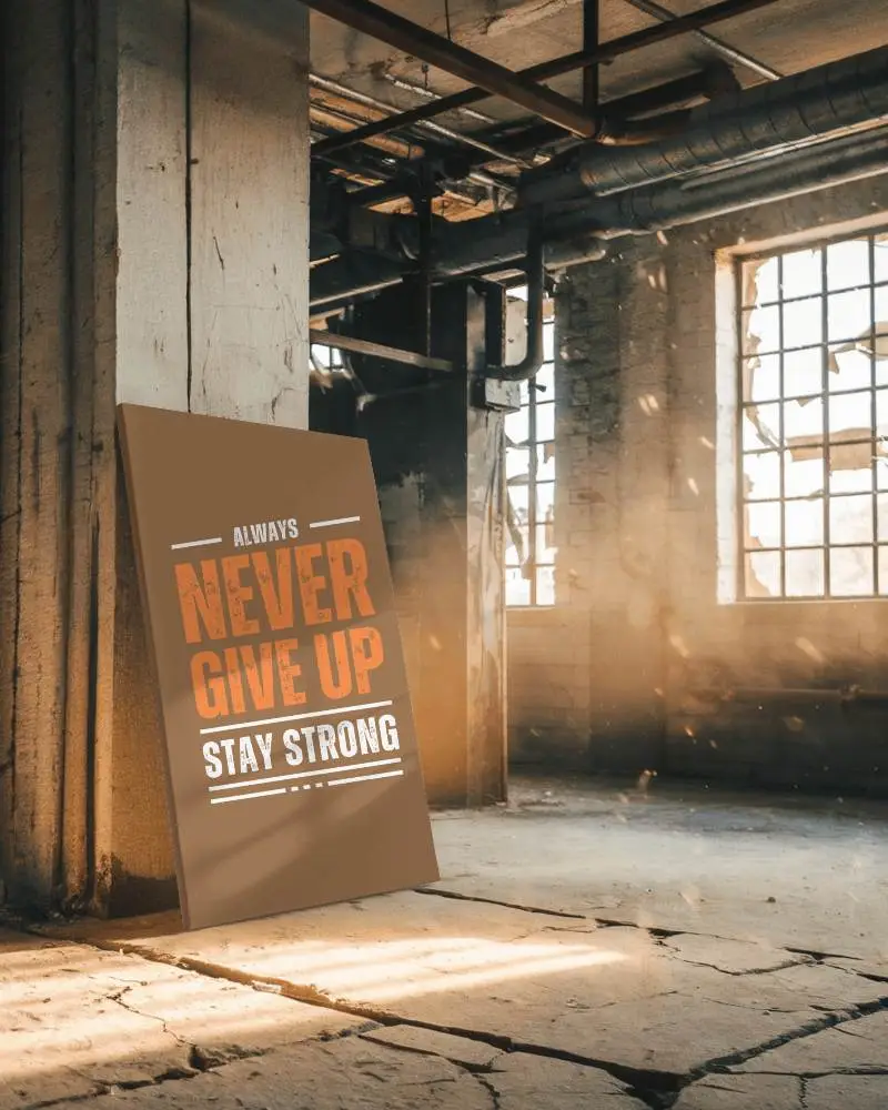 Abandoned Industrial Canvas Mockup Leaning White Frame In Sunlit Dusty Warehouse With Broken Windows And Rustic Atmosphere 068