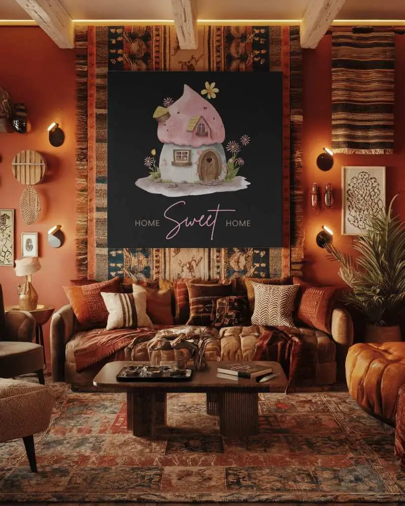 Bohemian Maximalist Interior Canvas Mockup Warm Earthy Tones With Textured Rugs And Vibrant Eclectic Decor Rich And Inviting Ambience 073