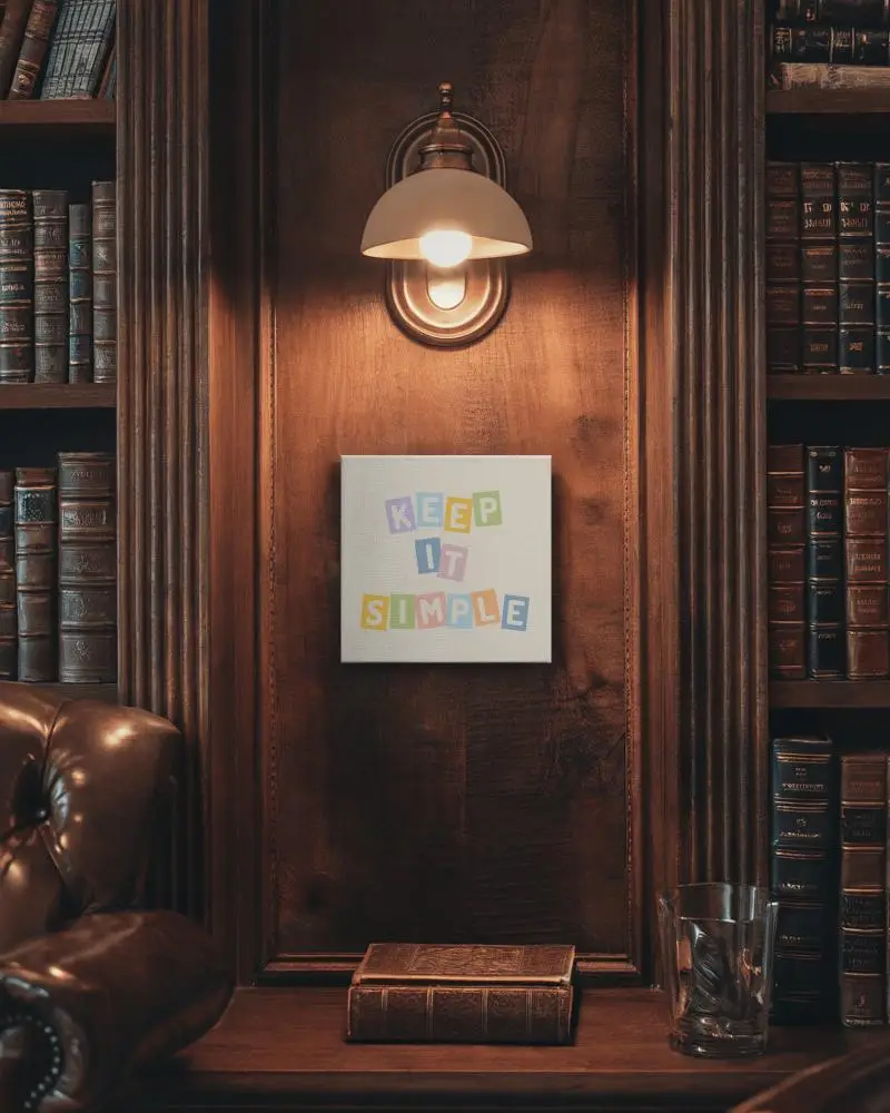 Vintage Library Canvas Mockup Dark Wood Paneling Leather Armchair Warm Lighting Sophisticated Atmosphere 087