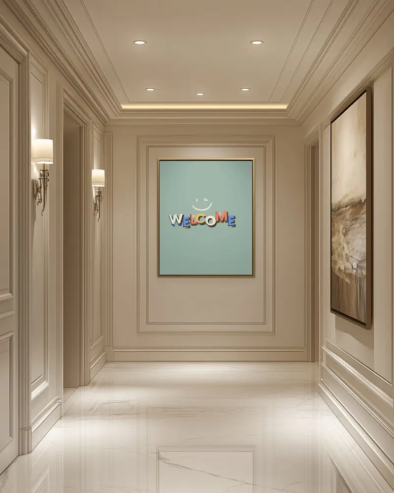 Elegant Hallway Canvas Mockup Sophisticated Interior Soft Ambient Lighting Marble Flooring And Classic Wall Panels