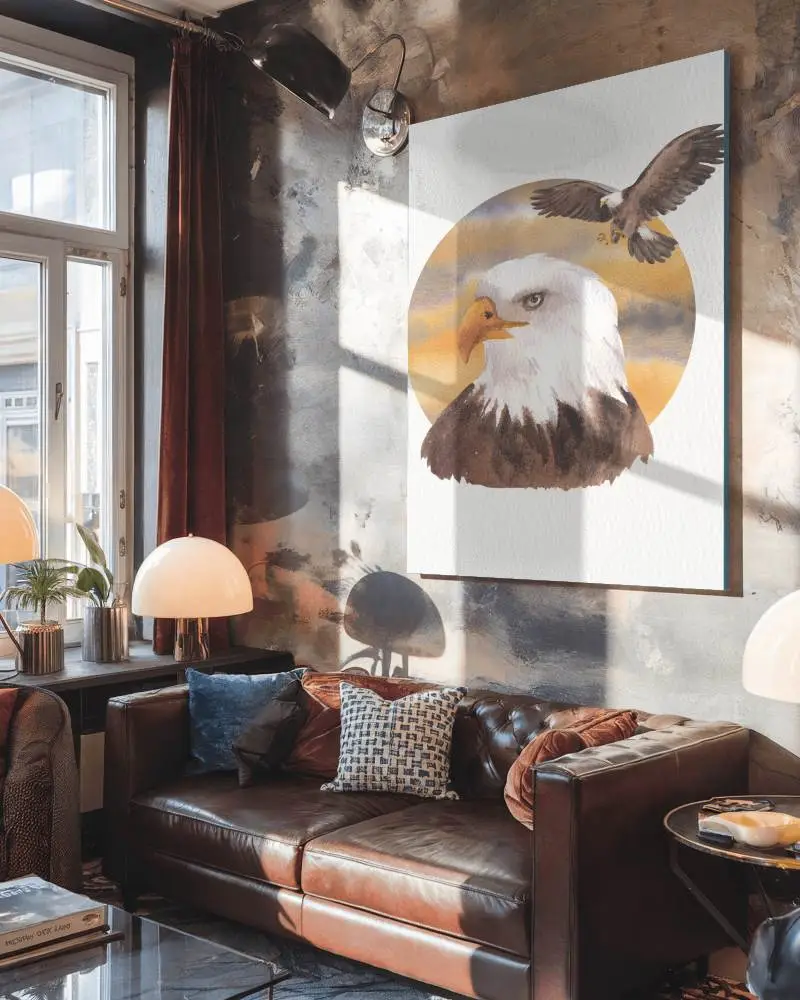 Sunlit Industrial Living Room Canvas Mockup Cozy Leather Sofa And Textured Walls With Soft Warm Lighting Modern And Inviting Ambience