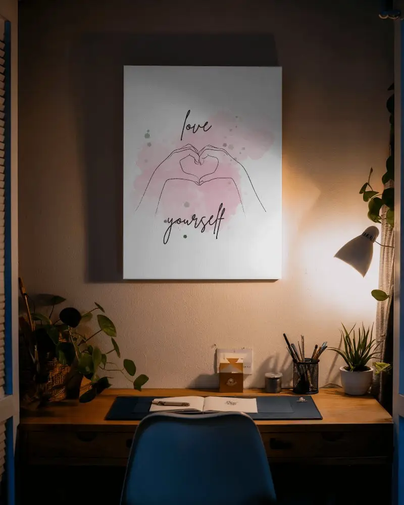 Warm Cozy Workspace Canvas Mockup Minimalist Desk Setting With Soft Lighting And Greenery Serene And Focused Ambience