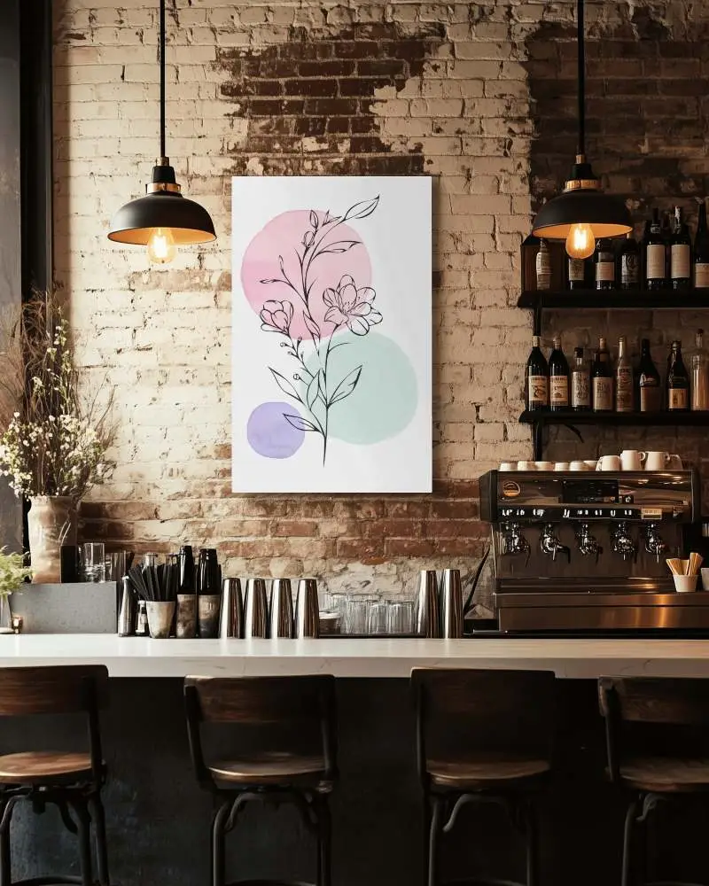 Cozy Industrial Cafe Canvas Mockup Exposed Brick Wall With Warm Lighting Rustic Coffee Bar And Modern Decor