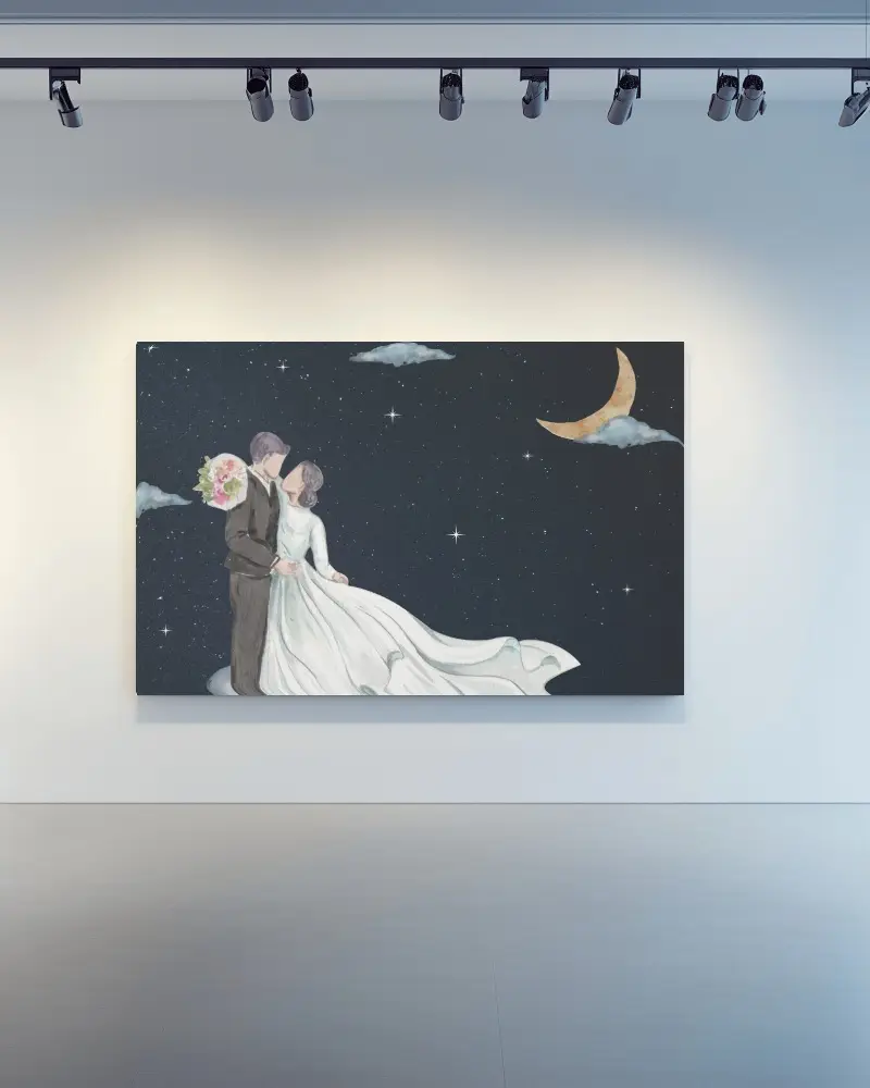 Contemporary Art Gallery Canvas Mockup Large Horizontal Frame Under Spotlights In Minimalist Exhibition Space