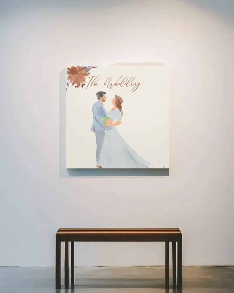 Minimalist Gallery Wall Canvas Mockup With Wooden Bench Soft Lighting Modern Art Exhibition