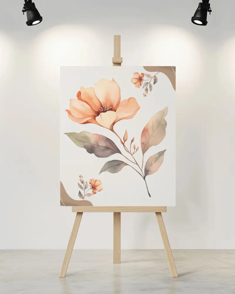 Minimalist Gallery Easel Mockup Blank Canvas On Wooden Stand Under Spotlight In Modern Artistic Setting