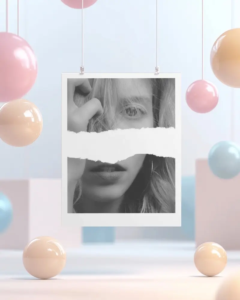 Floating Poster Mockup In Dreamy Pastel 3d Scene With Hanging Spheres And Soft Minimalist Lighting