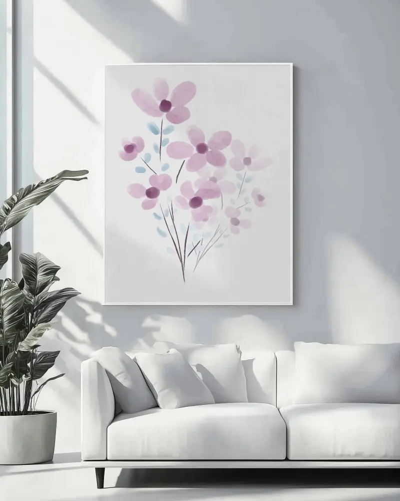 Bright Modern Living Room Wall Canvas Mockup Above White Sofa With Natural Light And Greenery