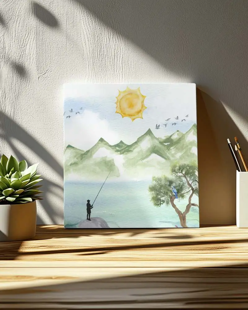 Sunlit Desk Leaning Canvas Mockup With Textured Wall Wooden Surface And Greenery Modern Workspace