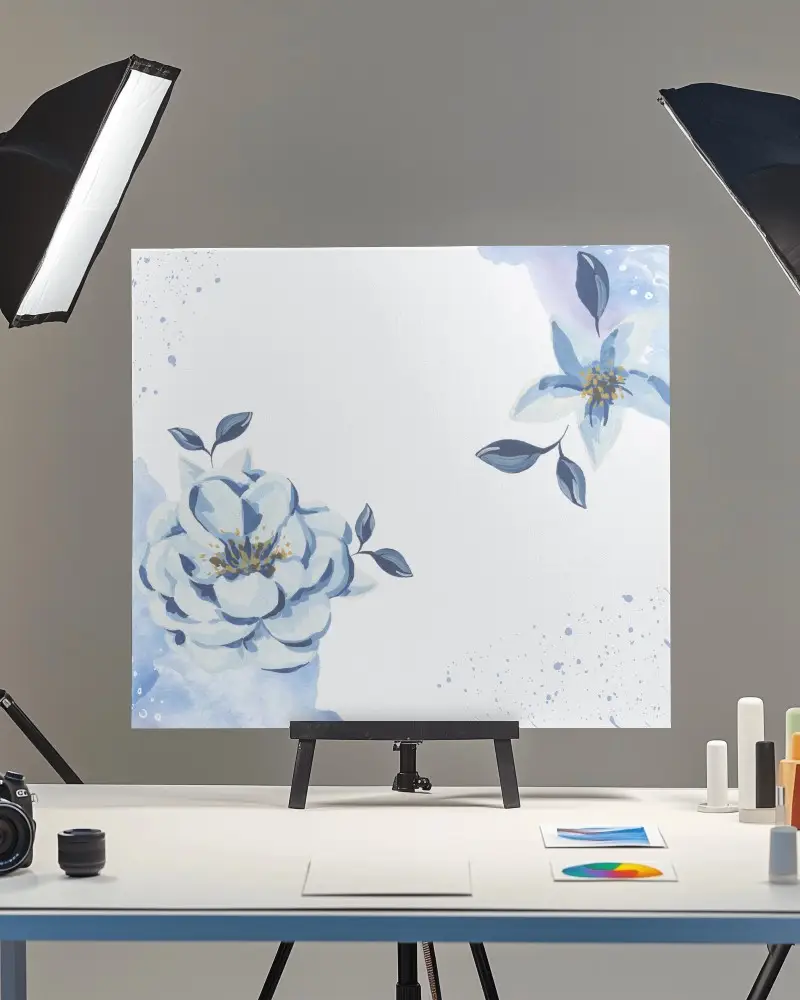 Professional Studio Easel Canvas Mockup With Softbox Lighting Artistic Setup And Modern Workspace