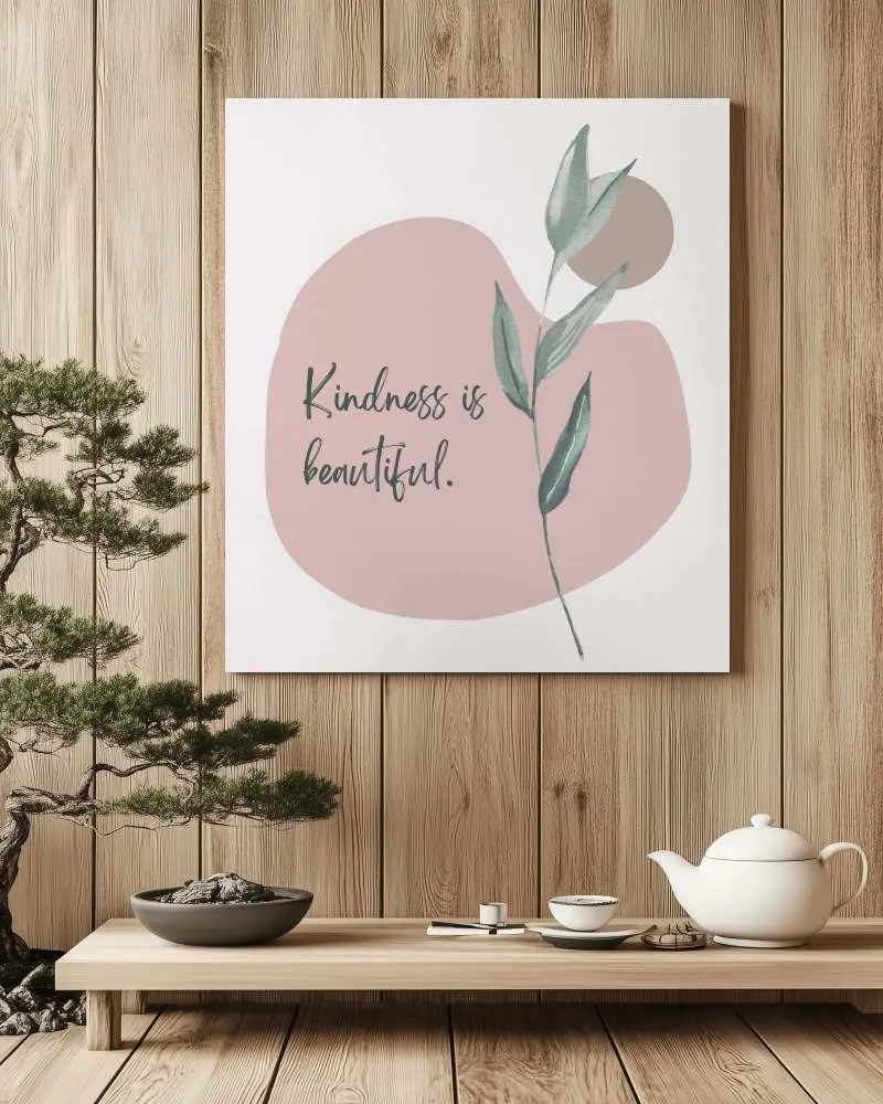 Zen Interior Canvas Mockup Wall Mounted On Wooden Paneling Minimalist Japanese Tea Setup Bonsai Tranquil And Harmonious Aesthetic