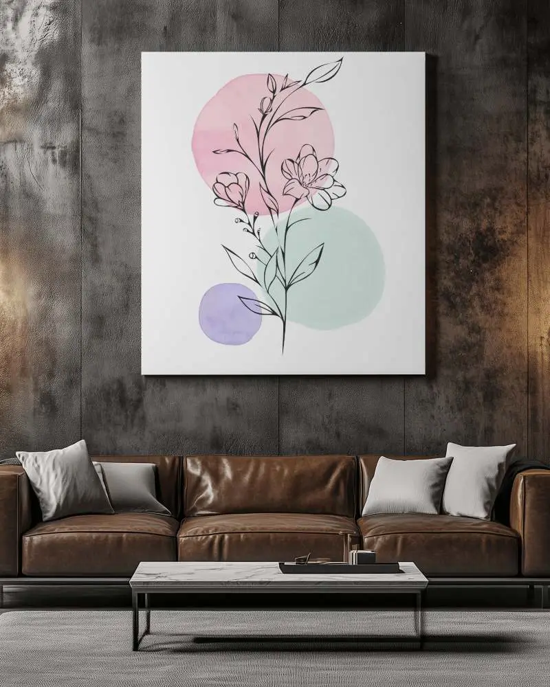 Industrial Living Room Canvas Mockup Wall Mounted Above Brown Leather Sofa Dark Textured Wall Moody And Sophisticated Atmosphere