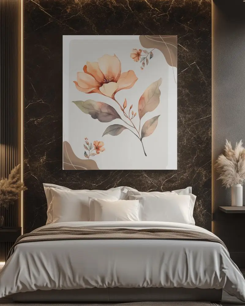 Luxury Bedroom Canvas Mockup Wall Mounted Above Plush Bed Dark Marble Accent Wall Soft Warm Lighting Elegant And Cozy Atmosphere