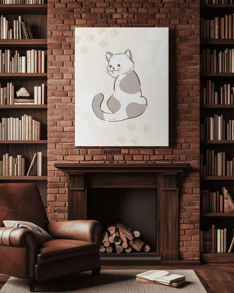Classic Library Canvas Mockup Wall Mounted Above Fireplace Exposed Brick Bookshelves Rich Leather Armchair Cozy And Scholarly Ambience
