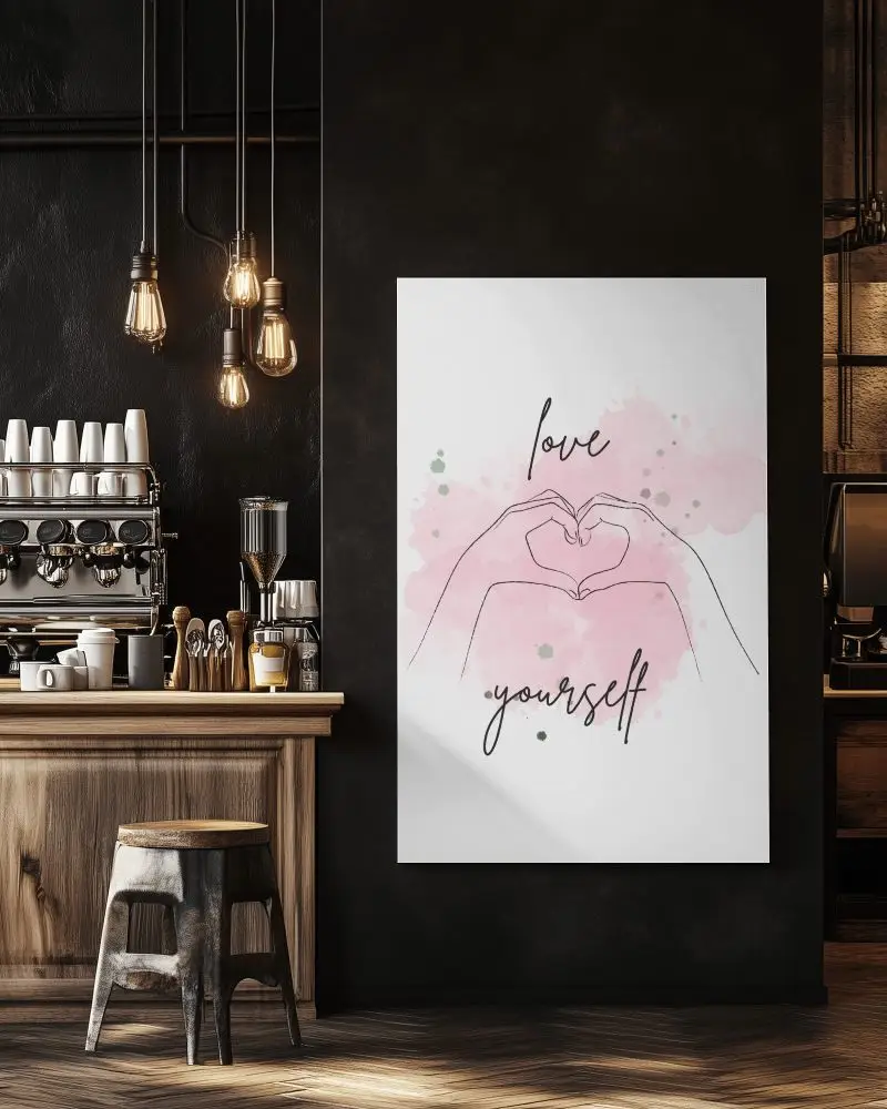 Industrial Cafe Canvas Mockup Wall Mounted Near Rustic Coffee Bar Wooden Countertop Exposed Bulb Lighting Cozy And Vintage Atmosphere