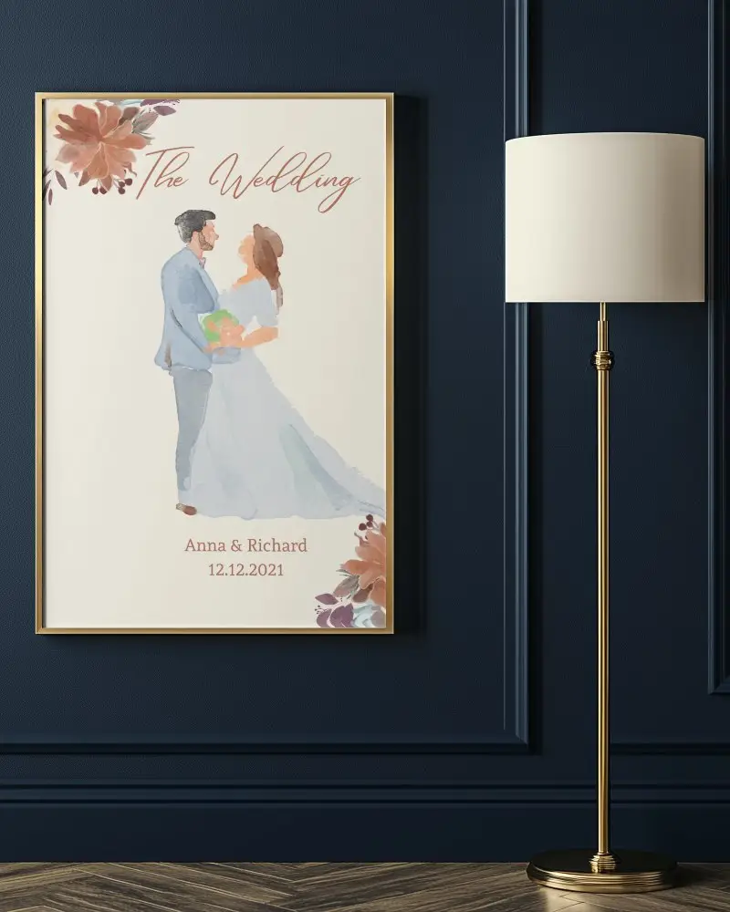 Elegant Interior Canvas Mockup Gold Framed Art Against Deep Navy Wall Beside Luxury Floor Lamp Classic And Sophisticated Ambience