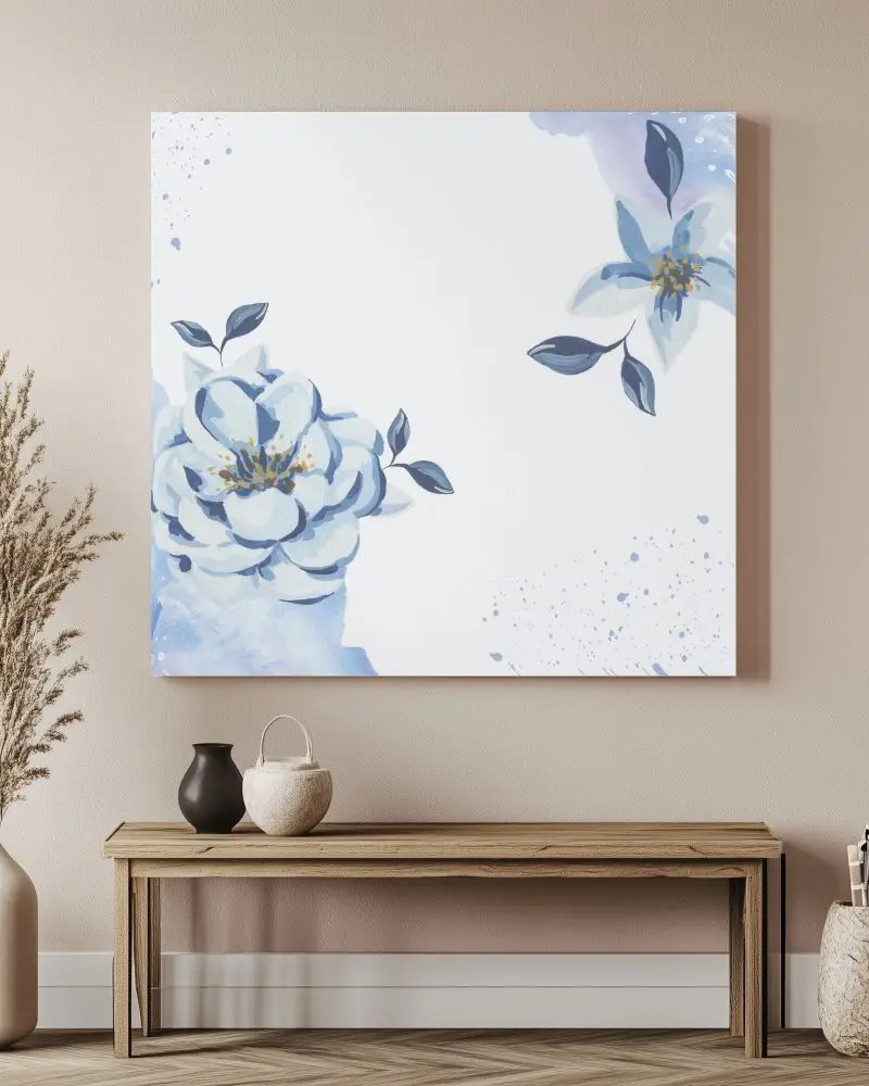 Modern Boho Canvas Mockup Wall Mounted Above Wooden Bench Neutral Tones Ceramic Vases Minimalist And Earthy Aesthetic