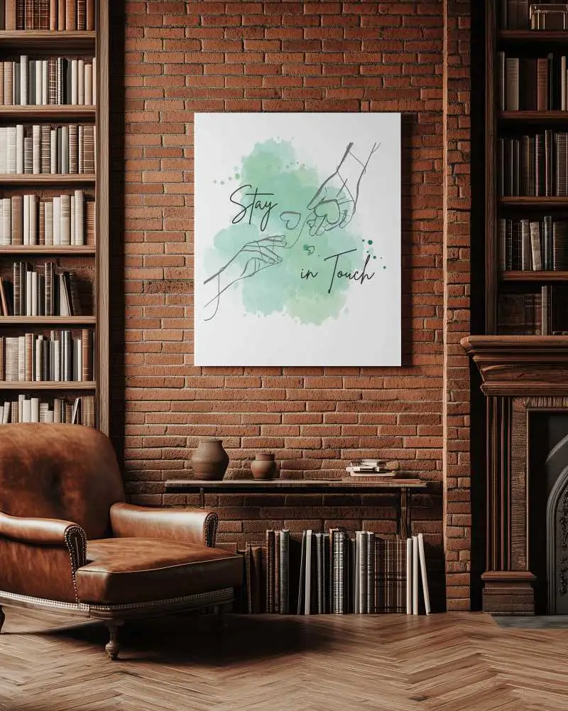 Vintage Library Canvas Mockup Wall Mounted On Exposed Brick Bookshelves Brown Leather Armchair Wooden Fireplace Cozy And Intellectual Ambience