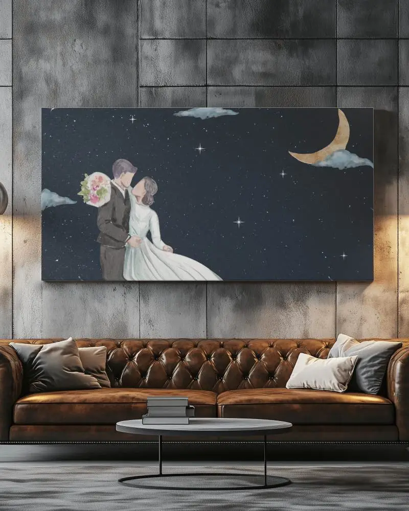 Industrial Luxury Living Room Wall Canvas Mockup Above Brown Leather Chesterfield Sofa With Metal Panel Background